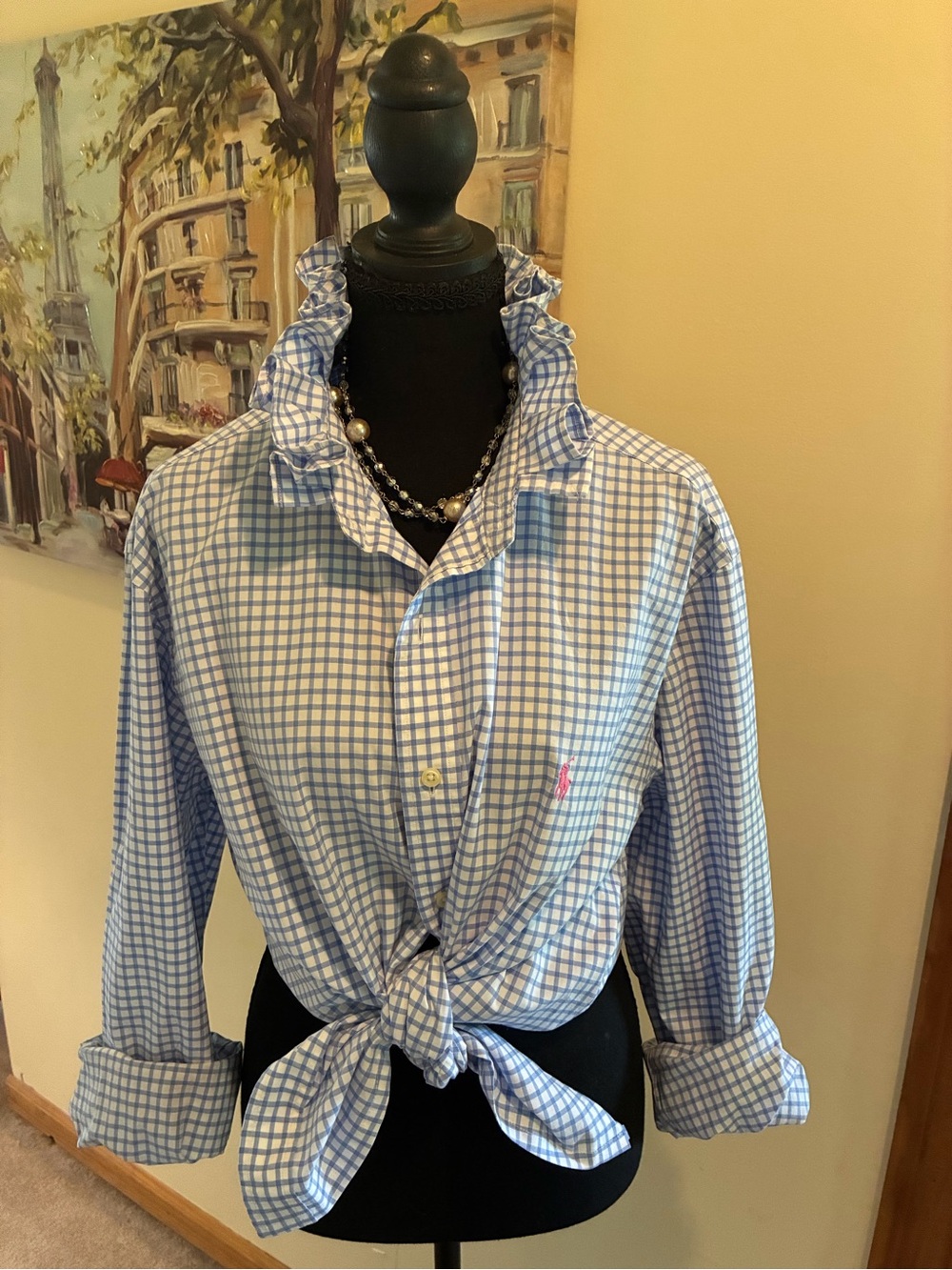 Ralph Lauren Light Blue and White Gingham Ruffle Collar Button-Down Shirt